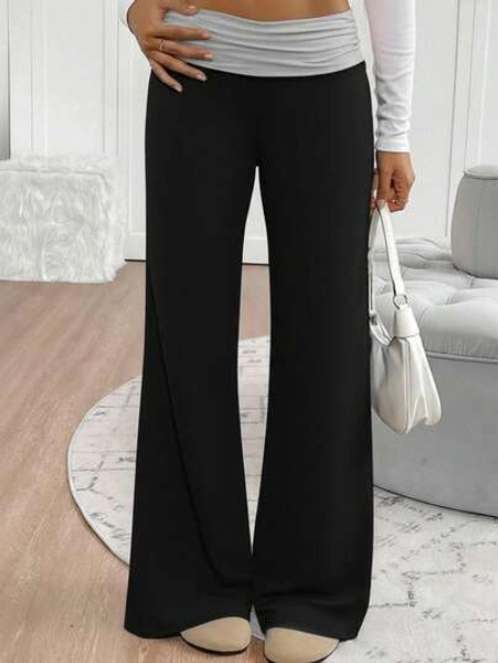 Tween Girls' Casual Contrast Foldover Waist Wide Leg Sweatpants, Spring/Summer Back To School Season