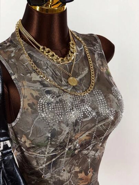 Amplova Women's Summer Branch Print Letter Rhinestone Sleeveless Cropped Top