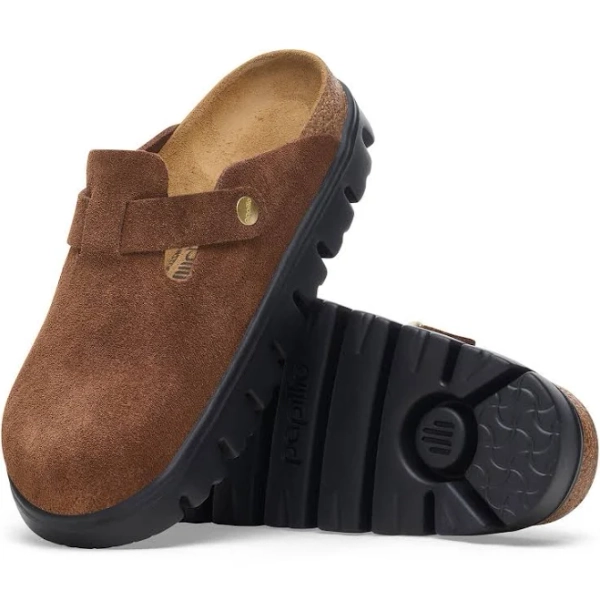 BIRKENSTOCK Boston Chunky Suede Leather Dark Tea/ Black Platform Clogs