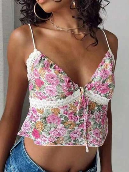 Sunnyshic Women's Summer Ditsy Floral Tie Front Crop Top Camisole Graphic Tees Women Tops