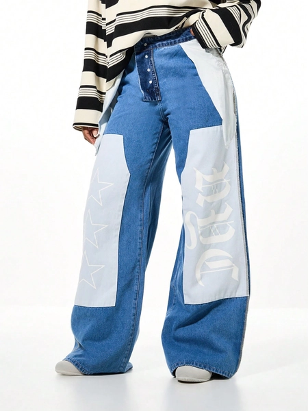SUMWON WOMEN Oversized Wide Leg Indigo Denim Jeans With Contrasting White Panel Details