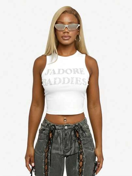 SUMWON WOMEN Women's Sleeveless Tank Top With Rhinestone Embellished Graphic Print Crop Top