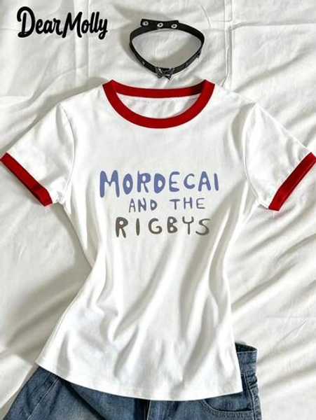 DEAR MOLLY Summer New Letter Print Contrast Color T-Shirt, Soft Breathable Short Sleeve Casual Tee, Round Neck Sportswear - Size M