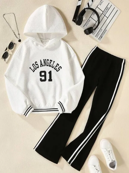SHEIN Tween Girls' Hooded Flared Sweatshirt and Pants Casual Set