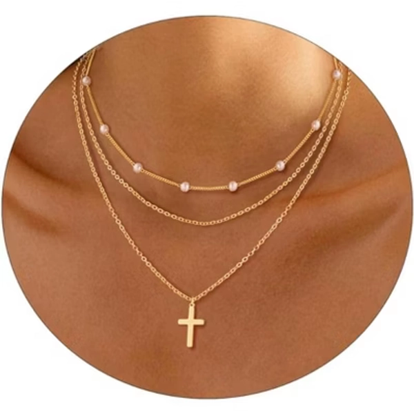 14K Gold Plated Layered Necklace Set, Dainty Pearl Cross & Multi-Chain Design (Cuban/Figaro/Herringbone), Trendy Women’s Jewelry Gift