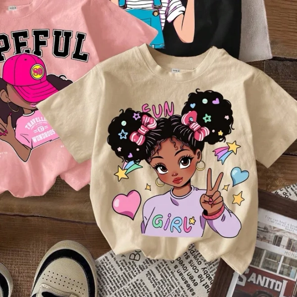 SHEIN Cartoon Graphic Tween Girls T-Shirts Cute Shirts Tops 3-Pack Multicolor Loose Fit Round Neck Knitted Fabric Summer Regular Sleeve Kids