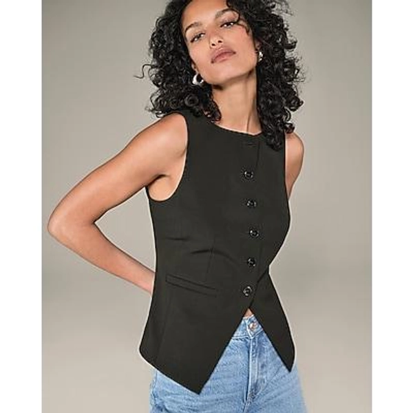 Express Women's Studio Stretch Twill Boat Neck Cutaway Blazer Vest in Black Medium