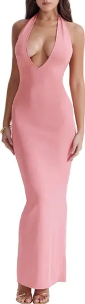 Camelia Plunge Halter Neck Rib Maxi Dress