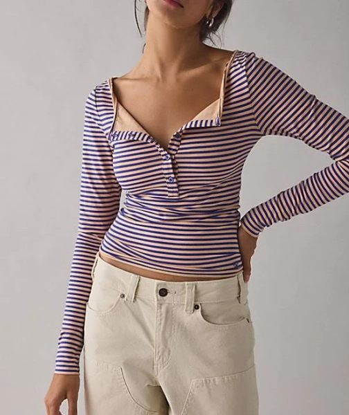 Out From Under Betty Boatneck Long Sleeve Henley Top in Navy/peach Cotton, Women's S at Urban Outfitters