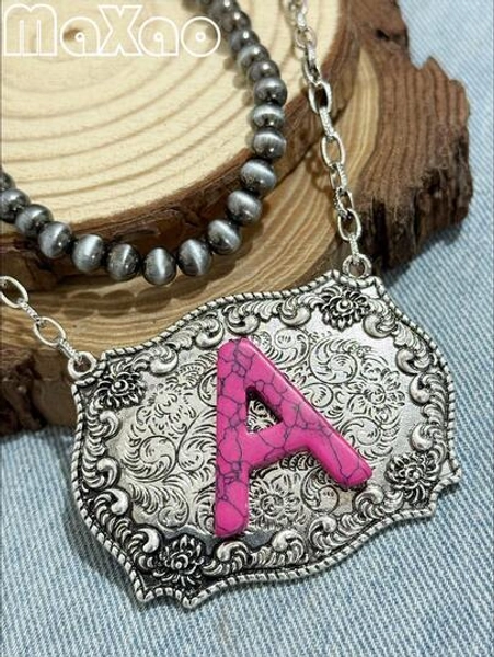 18" Pearl & 20" Alloy Tag Necklace, Vintage Bohemian Style Fuchsia Turquoise Initial Pendant, Suitable For Daily Wear Or Gatherings, Great Gift For Yourself Or Best Friend, Anniversary Present