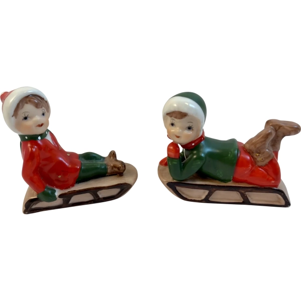 2 Bisque Children on Sleds Boy Girl Sledders Vintage Christmas