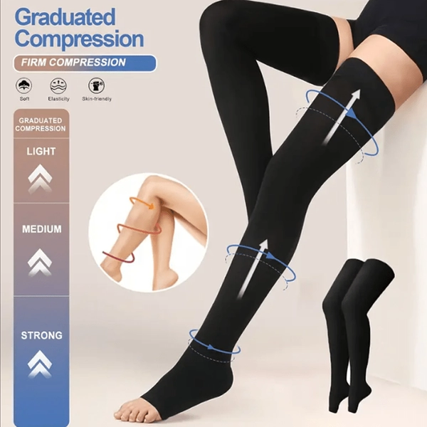 1 Pair Unisex Knee-High Compression Socks (Black & Beige), Strong Elastic Design, for Sports/Running/Yoga/Cycling/Hiking, Aids Post-Op & Sports Performance