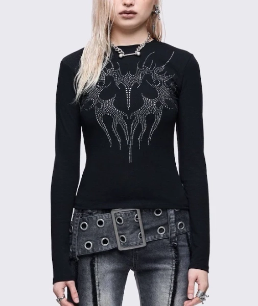 Minga London Long Sleeve Cyber Sigil Heart Rhinestone Top