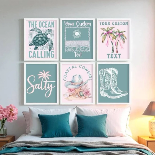 Coastal Cowgirl Beach Dorm Decor, Pink & Green Preppy Custom Wall Art Prints, Trendy Beach Quote Poster, Sea Turtle Decor, Set of 6 Unframed