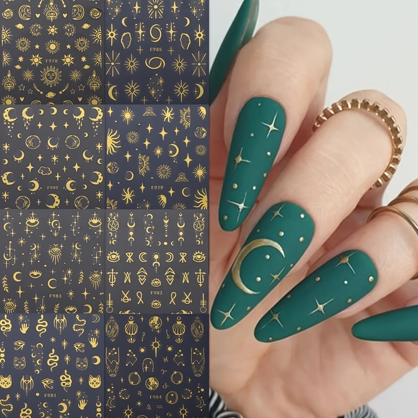 8 sets of Golden sun moon star nail stickers, nail art self-adhesive decoration tools, shining mysterious universe star moon nail art self-adhesive decoration accessories