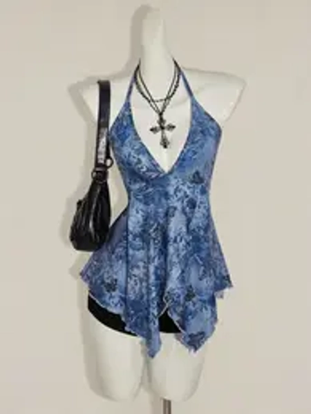 Women's Bohemian Floral Blue Summer Cami Top, Butterfly Print Sheer off Shoulder Vacation Blouse, Stylish Summer Fashion, Elegant Sleeveless Cami