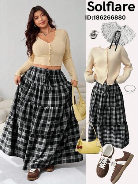 Solflare Plus Size Black & White Plaid Retro Skirt Autumn/Winter,Christmas,New Year,Thanksgiving,Party,Wedding,Beach,Graduati,Chic,Elegant,Casual,Going Out,Date,Appointment,Commute Autumn/Winter,Christmas,New Year,Thanksgiving,Party,Wedding,Beach,Graduati,Chic,Elegant,