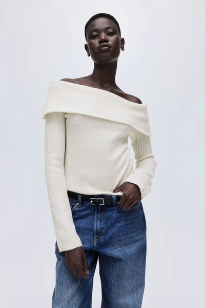 Rib-Knit Off-the-Shoulder Top - Cream