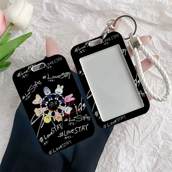 2D SKZ Theme Cover Card Holder Lanyard Keychain, Creative Card Holder with Keychain Sliding Design Lanyard Name Tag, Durable Plastic ID Card Protector, Suitable for School, Office, Bank, and Student Stationery in White, Casual Style