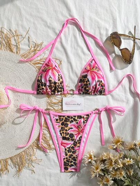 2pcs Leopard & Floral Print Contrast Trim Fashionable Women Bikini Set, Asymmetrical Metal Ring Decor, Sexy Casual Beach Holiday Pool Party Swimwear Vacation Summer