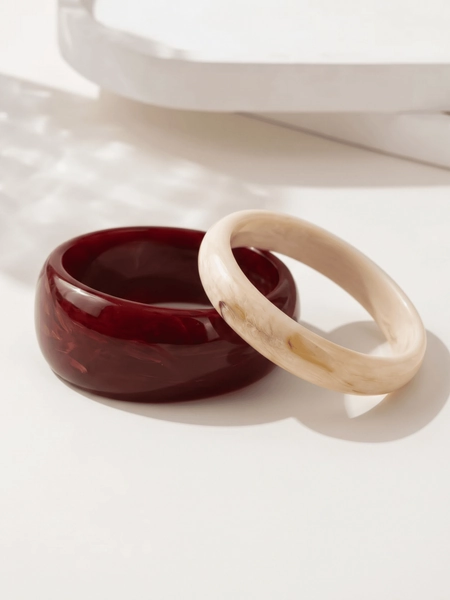 2pcs/Set Burgundy & Beige Textured Wide Resin Bracelets, Fashion Vintage Stackable Daily Women's Bangles