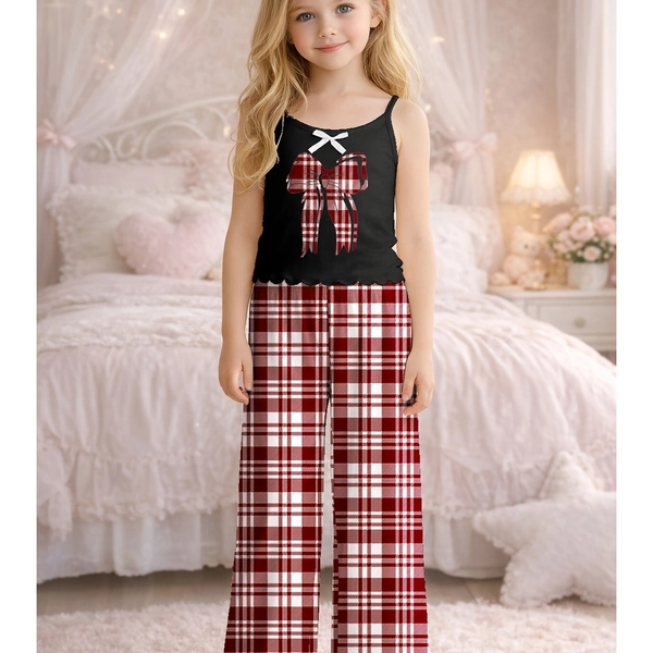 [Girls' Pajama Set] Girls' Camisole Pants Pajama Set - 2pcs, Cute Bow Ruffle Print, Comfortable Flame-retardant Fabric, Ideal for Bedtime & Summer Wear, Machine Washable - Perfect Gift for Girls