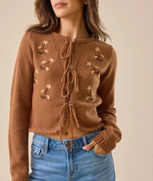 Altar'd State Rowan Embroidered Tie-Front Cardigan