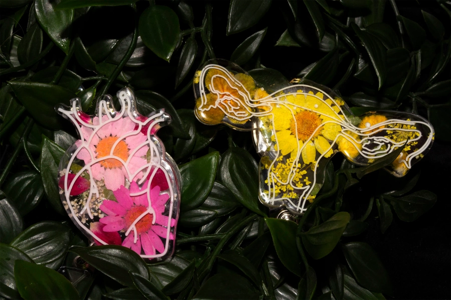 Pressed Floral Medical Badge Reel: Anatomical Heart, Respiratory