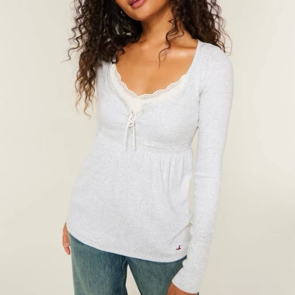 Hollister Women's Easy Tie-Back Henley Babydoll Top