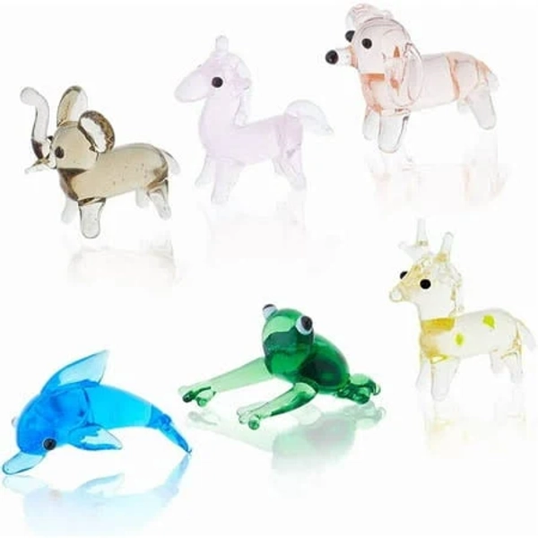 6pc Hand Blown Glass Figurines - Miniature Animal Glass Decor - Colorful Frog Sika Deer Elephant Dolphin Dog for Collectibles & Home Decor Gifts