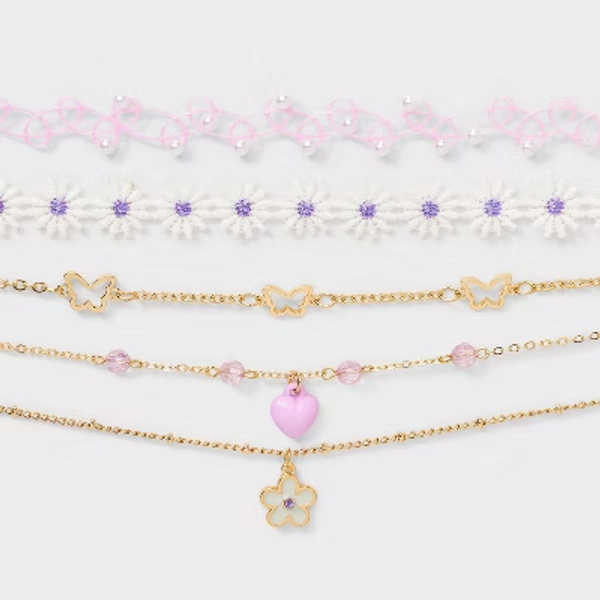 Girls' 5pk Flowers and Butterflies Necklace Set - Cat & Jack™️: Choker Style, Acrylic, Zinc Alloy