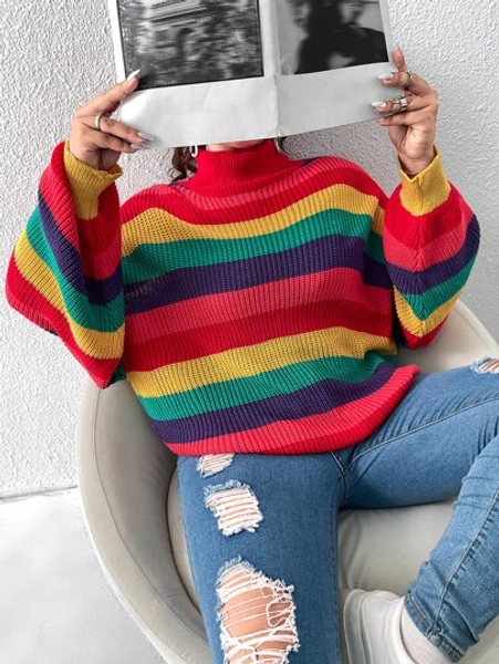 SHEIN EZwear Plus Color Block Stripe Pattern Turtleneck Drop Shoulder Sweater In Fall/Winter