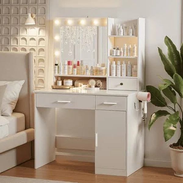 Blorly White Vanity Desk with Mirror