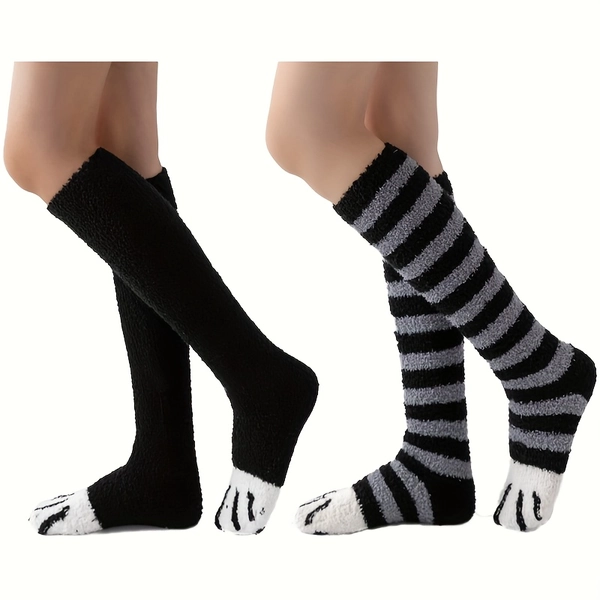 2pcs Pack Warm Thickened Thermal Knee-High Socks Suitable for Winter - Soft Stretchable Cat-Themed with Cute Kitten Print, Cozy /Outdoor Wear, Hand Wash Only, Ideal for & Weather - Winter Socks