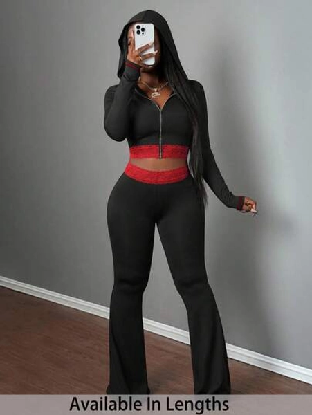 SHEIN PETITE CURVE Plus Size Women Autumn Contrast Lace Long Sleeve Zip Front Hooded Cropped Jacket And Flare Pants 2 Pieces Set