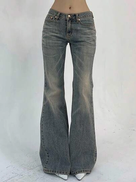 DAZY Women Casual Low-Rise Flare Leg Washed Denim Jeans Y2k Streetwear
