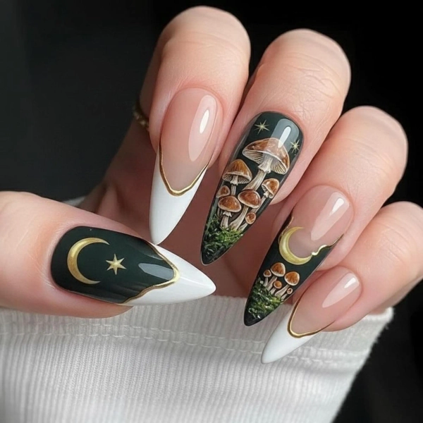 Forest Mushroom Press On Nails, Hand-Painted Nature Nail Art, Golden Moon Star Nails, Dark Green French Tips, Long Stiletto Press On Nails