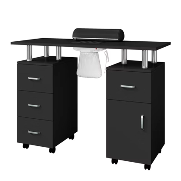 Professional Nail Desk with Built-in Electric Dust Extractor, Locking Wheels, Wrist Support, 4 Drawers & Cabinet Black