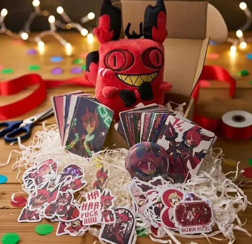 Hazbin Hotel – Alastor Plush Doll,Badge,Keychain,Card,Sticker,Alastor Gift Box Set