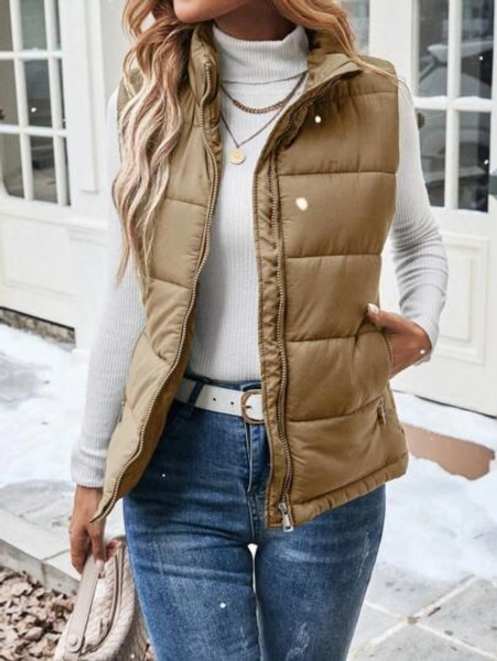 EMERY ROSE Women's Casual Zipper Closure Stand Collar Padded Padded Puffer Vest, Warm For Autumn/Winter Clothes