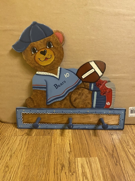 Wooden Wall Plaque Coat And Hat Hanger Football Bear For Nursery Boy's Bedroom