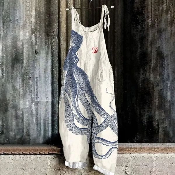 Dashingsoul Japanese Art Octopus And Crab Print Art Loose Casual Jumpsuit 