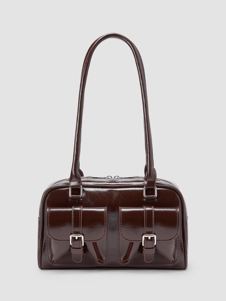 DOUBLE POCKET BOSTON FAUX LEATHER SHOULDER BAG
