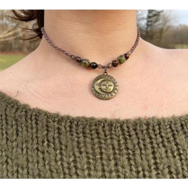 Sun & Moon Beaded Choker: Macrame Celestial Bronze Necklace