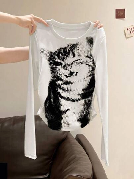 SHEIN Women's Fitted Long Sleeve T-Shirt With Cute Cat Print Fall Cloth For Women