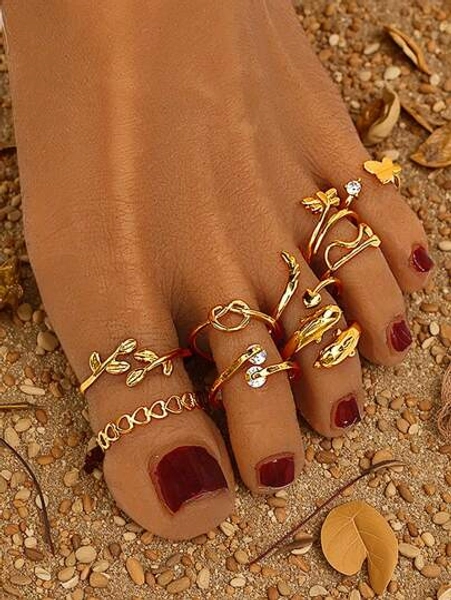 9 Pcs Adjustable Foot Ring Set Snake Butterfly Dragonfly Dolphin Heart Leaf Etc Shape Foot Ring Set For Women Girls