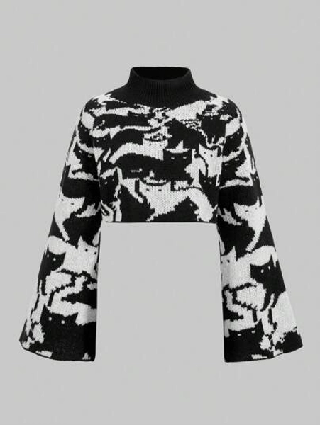 ROMWE Goth Cat Pattern Bell Sleeve Sweater, School