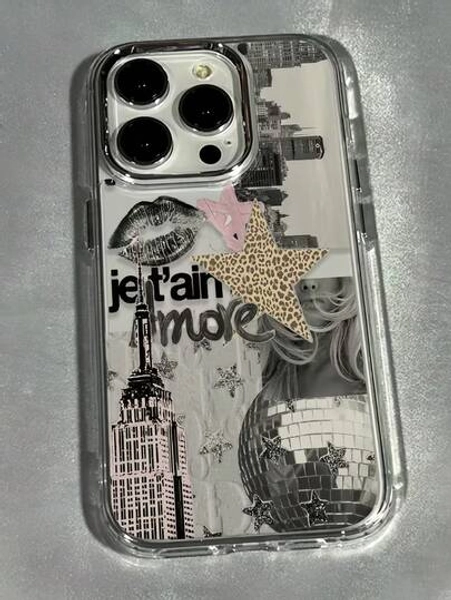 1pc Metal Frame Transparent Personalized Lips English Beauty Puzzle Collage Pattern Phone Case, Suitable For IPhone 16 Pro Max, 17/16/15/14 Plus, 13/12/11, Air
