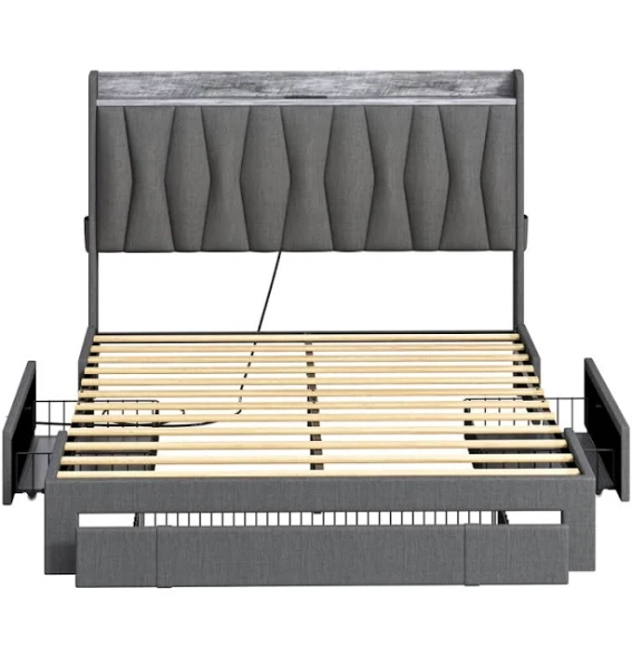 Ivy Bronx Upholstered Bed Frame with 3 Drawers, Storage Headboard, and Charging Station