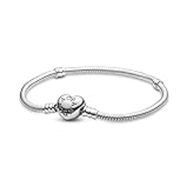 PANDORA Moments Women's Sterling Silver Heart Clasp Snake Chain Bracelet for Charms, Size 16, No Box